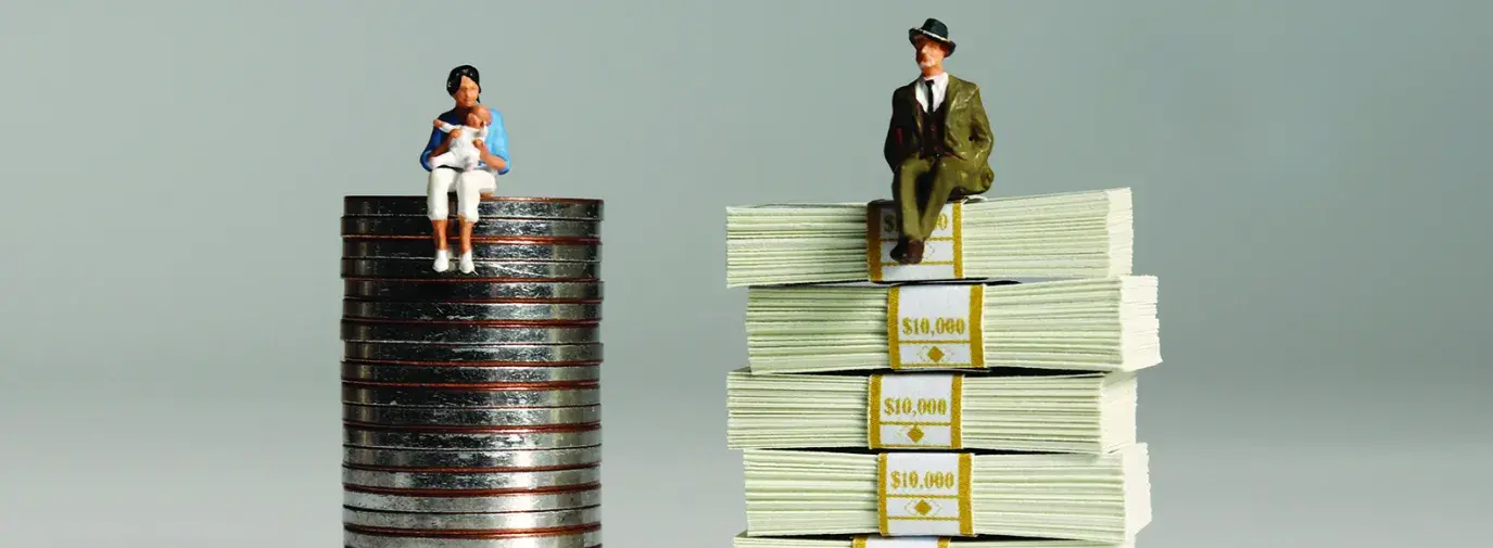 Graphic of a woman sitting on a pile of nickels, and a man sitting on a stack of bills that are bundled by $10,000.